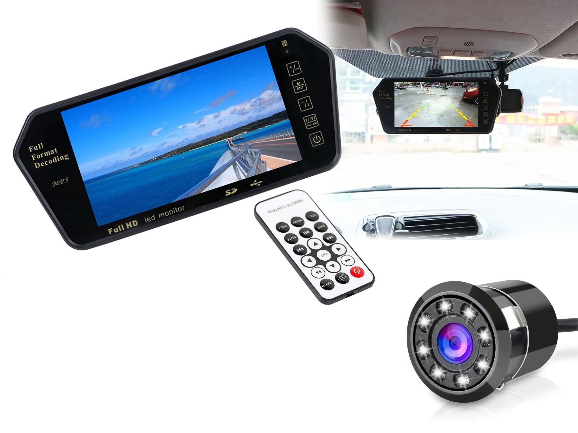 7 Inch Bluetooth Rear View Dashboard LED Monitor Screen MP5, MP3, with Bumper Camera