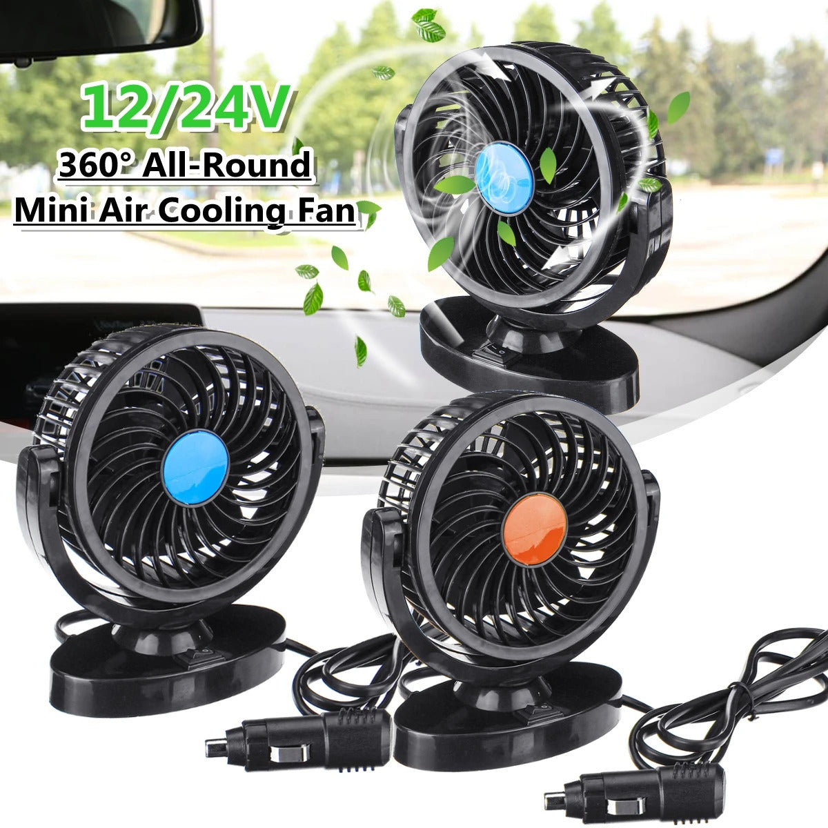 Mini 360 Degree Air Flow Car Fan, 100% Copper Motor, Dual Head, 2 Speed, Quiet & Strong, 12V DC, Universal Fit