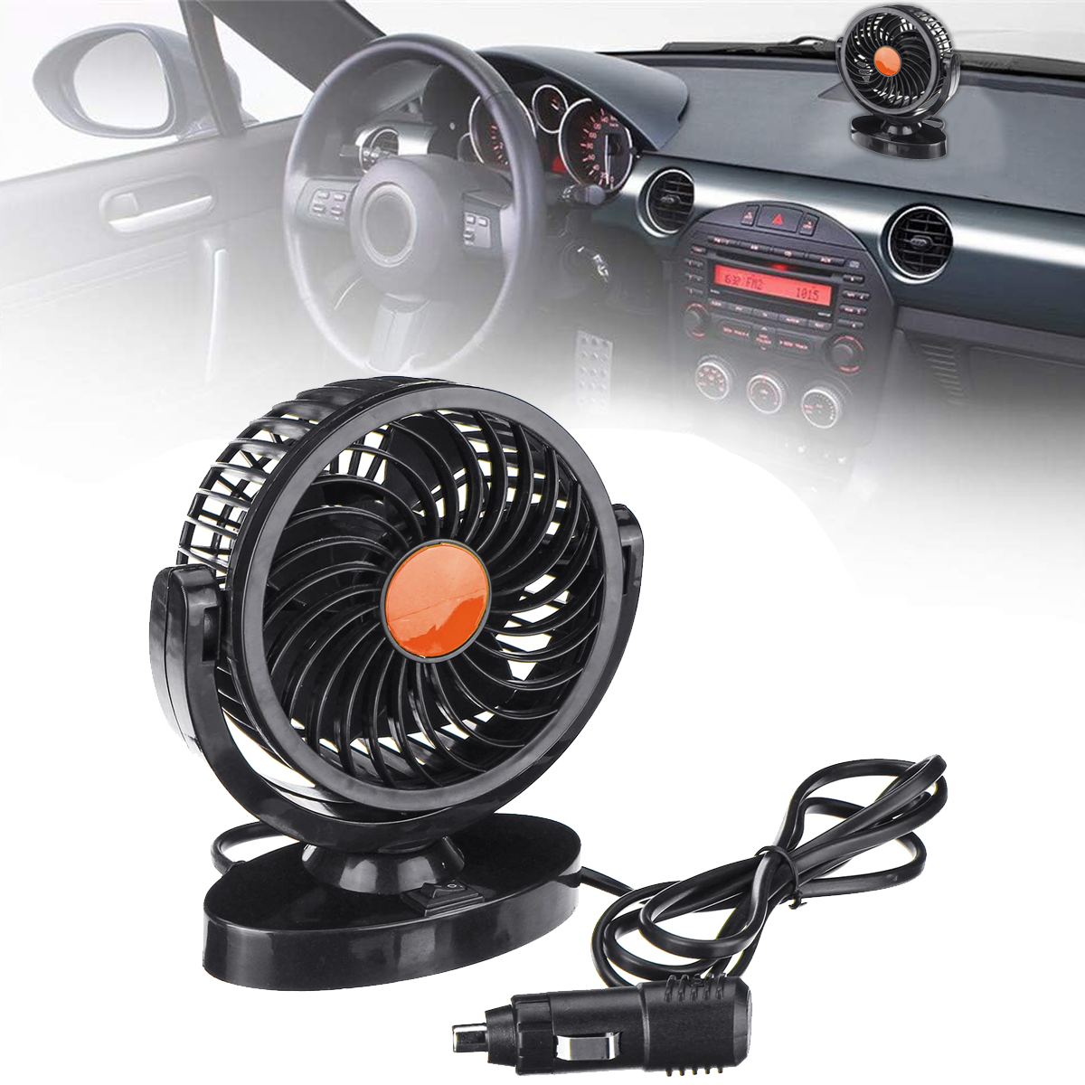 Mini 360 Degree Air Flow Car Fan, 100% Copper Motor, Single Head, Speed, Quiet & Strong, 12V DC, Universal Fit