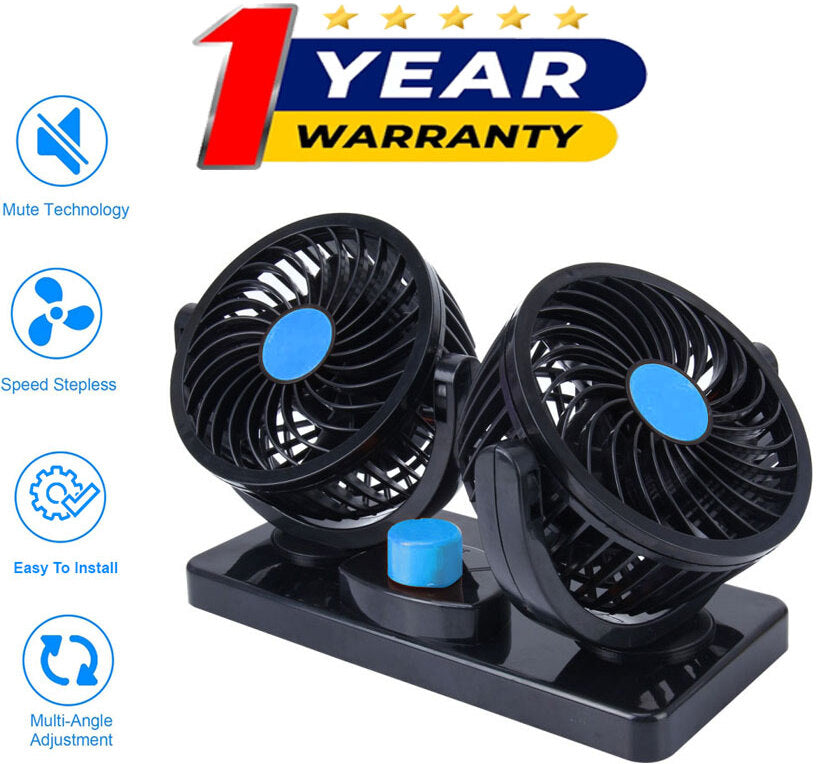 Mini 360 Degree Air Flow Car Fan, 100% Copper Motor, Dual Head, 2 Speed, Quiet & Strong, 12V DC, Universal Fit