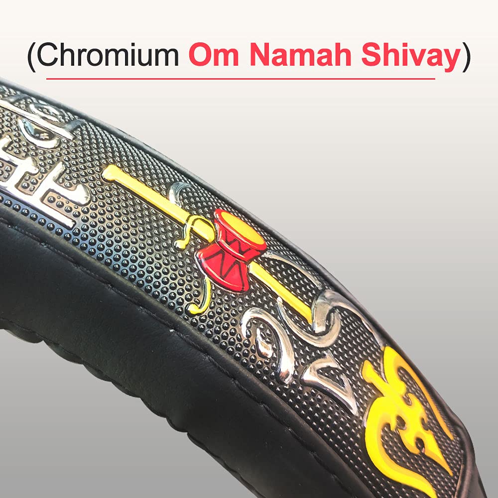 Ring Type Car Steering Wheel Cover Universal Genuine PU Non-Slip Natural Rubber Well Padded Grip Breathable Leatherite Compatible with- CRV (Chromium Om Namah Shivay Black)