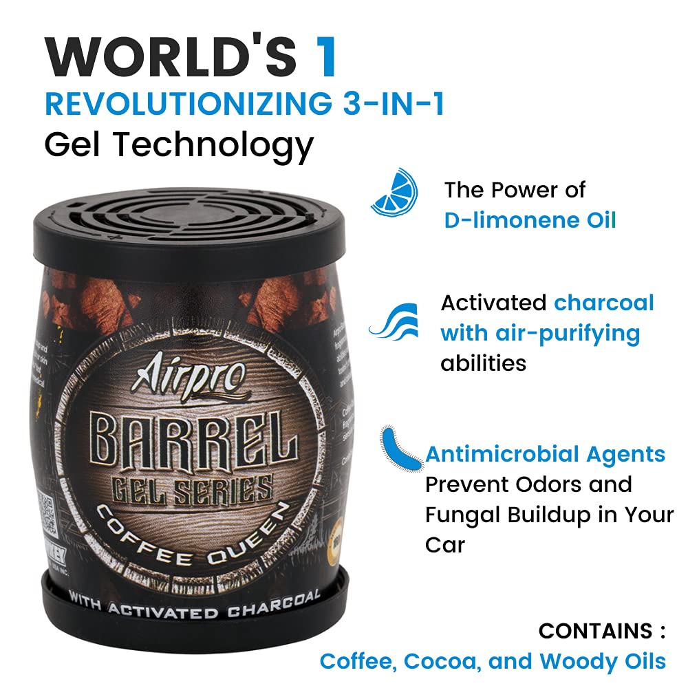 Airpro Barrel Max Car Gel Perfume & Air Freshener, Coffee Queen Fragrance, 100 Days Life, Black & Brown, 160 g