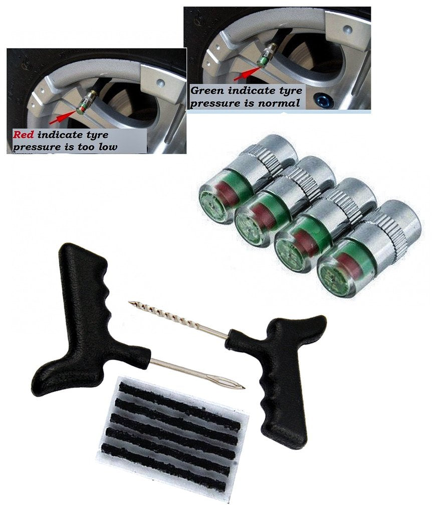 Car and Bike Air Alert Tire Valve Cap Set of 4Pcs, Tubeless Tyre/Tire Puncture Kit