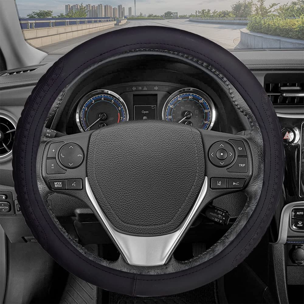 Leather Auto Car Steering Wheel Cover Large Breathable, Anti Slip | Odourless | Stitchable (Snapon Black Cross) Compatible for Most of The Cars