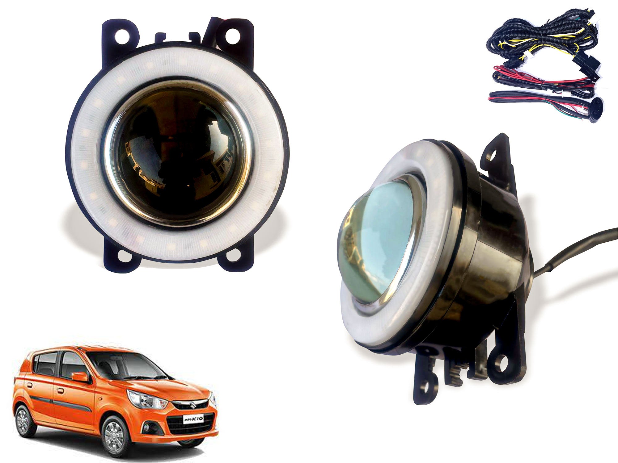 Premium Quality LED Lens Fog Light with Halo Ring Angel Eye lights (Set of 2)