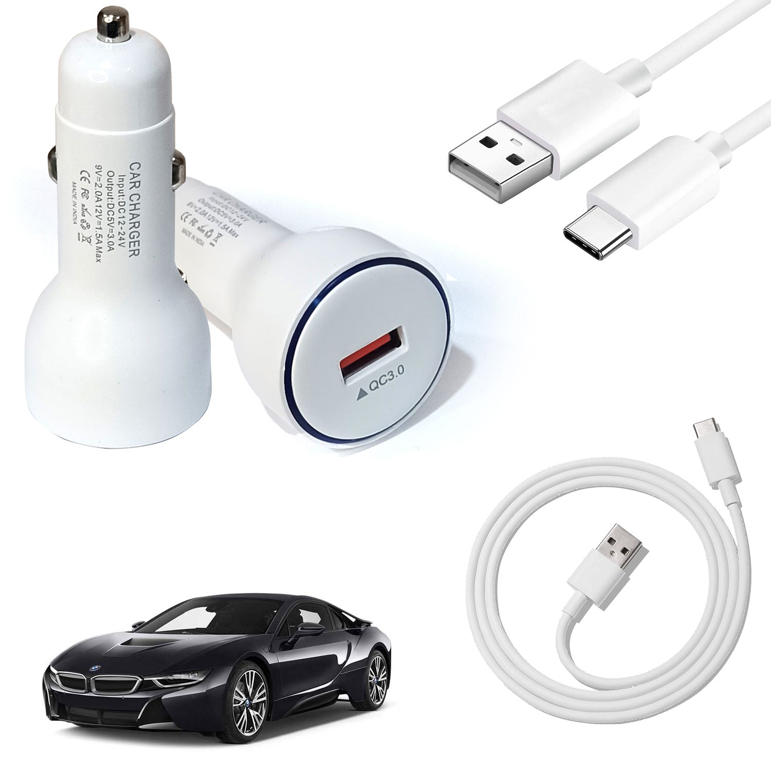 Fast Car Charger with Type-C Cable, QC 3.0 Turbo White Car Charger