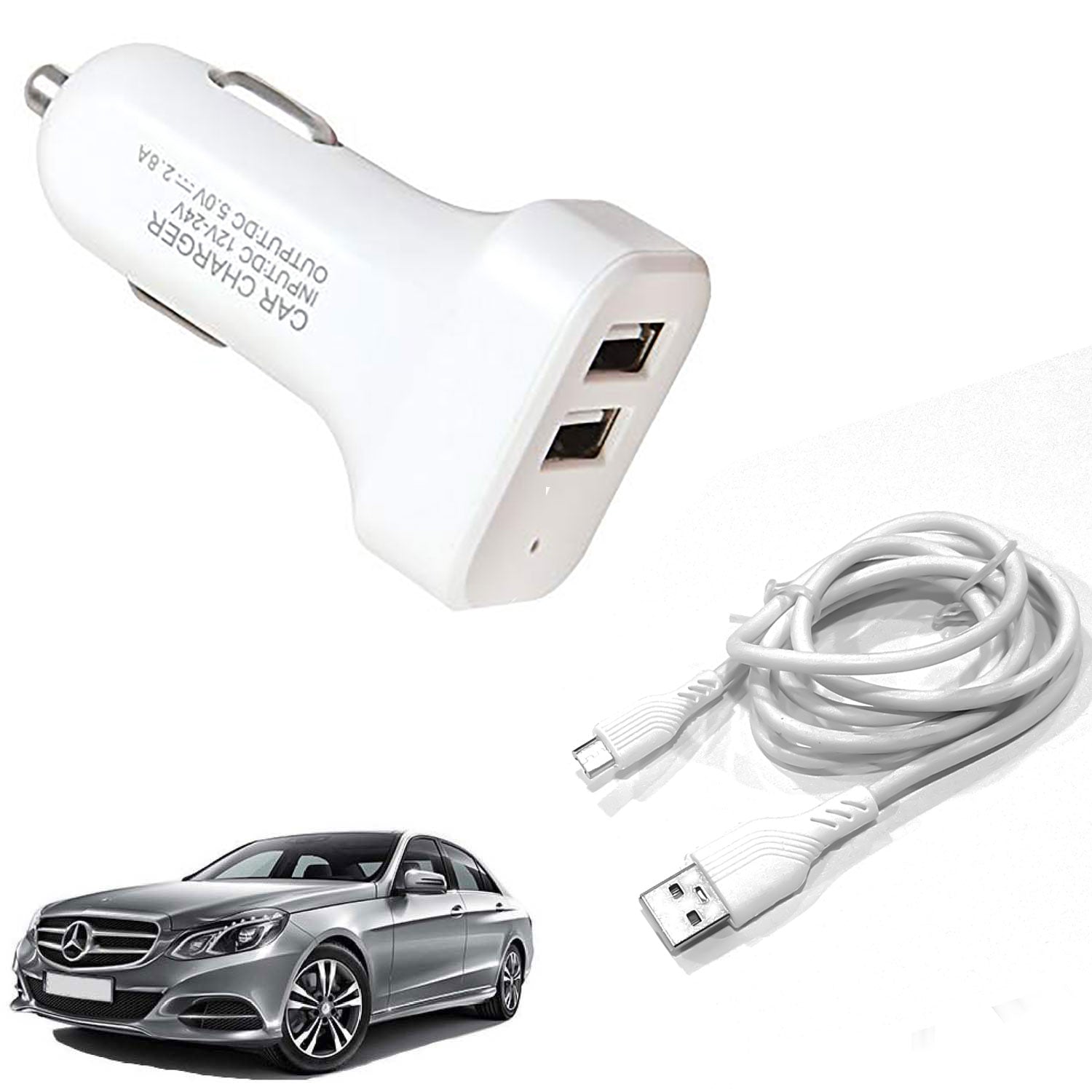 2-Ports Fast Car Charger with White Micro Cable, Turbo Charger, Dual USB (Pack of 1)