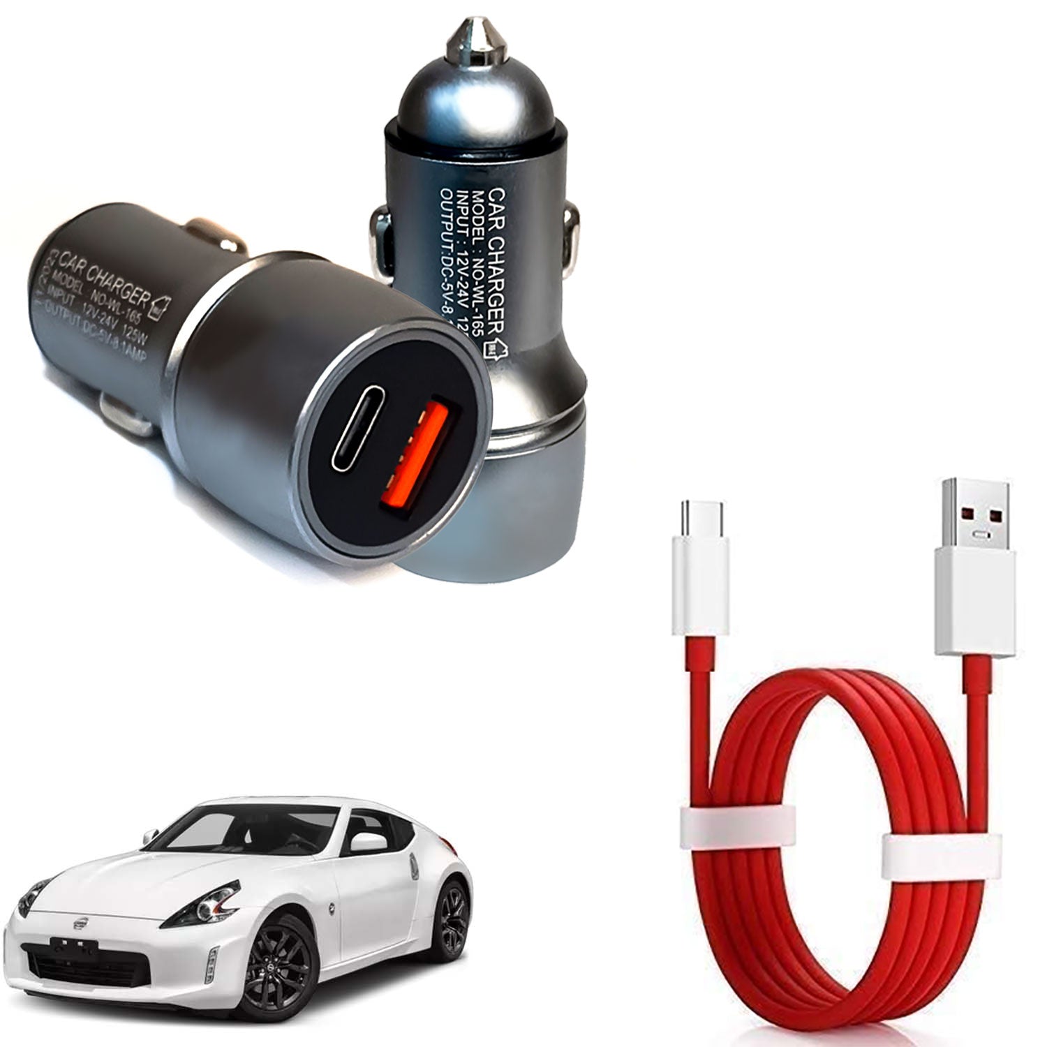 Compact Metal Mini Dual Port Ultra Fast Car Charger, USB A & Type C Port with Type-C Red Cable, Turbo Charger, Grey Compatible with All Cars (Pack of 1)