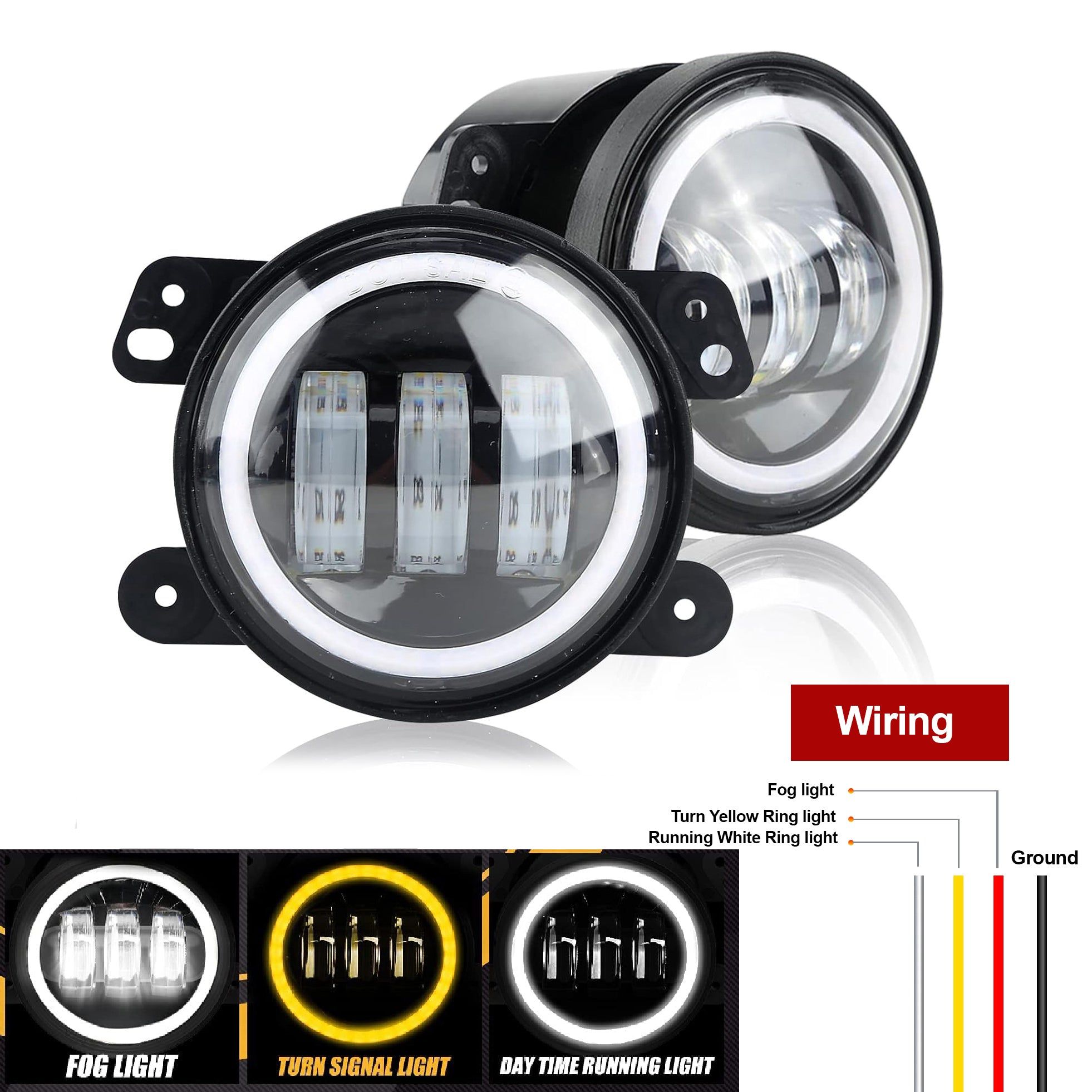 Auto Pearl 3-Led Fog Light 4 inch with Yellow DRL Ring Turn Indicator light (Pack of 2)