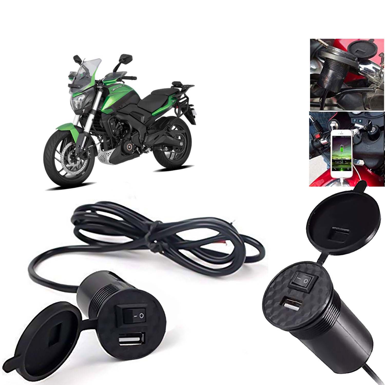 USB Mobile Charger with Waterproof Silicon Cover with on/Off Switch for Bikes and Cars (Fast Charging Output- 5V-1.5A, Black)