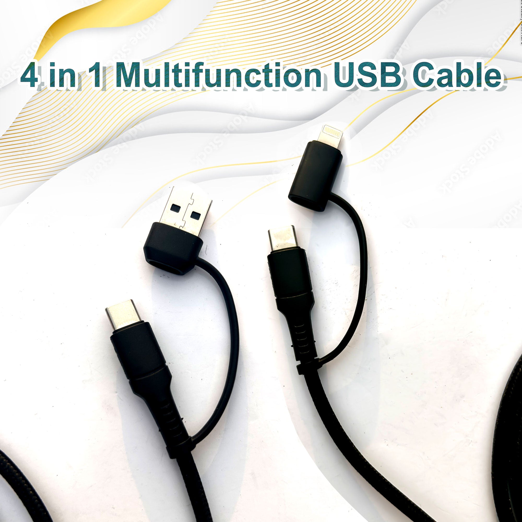 4 in 1 Rapid Data Cable, Muti-Function Data Cable : USB to Type-C, USB to Lightning, Type-C to Type-C, Type-C to Lightning, Fast Charging Cable (Black) 1 Meter Compatible with All Cars