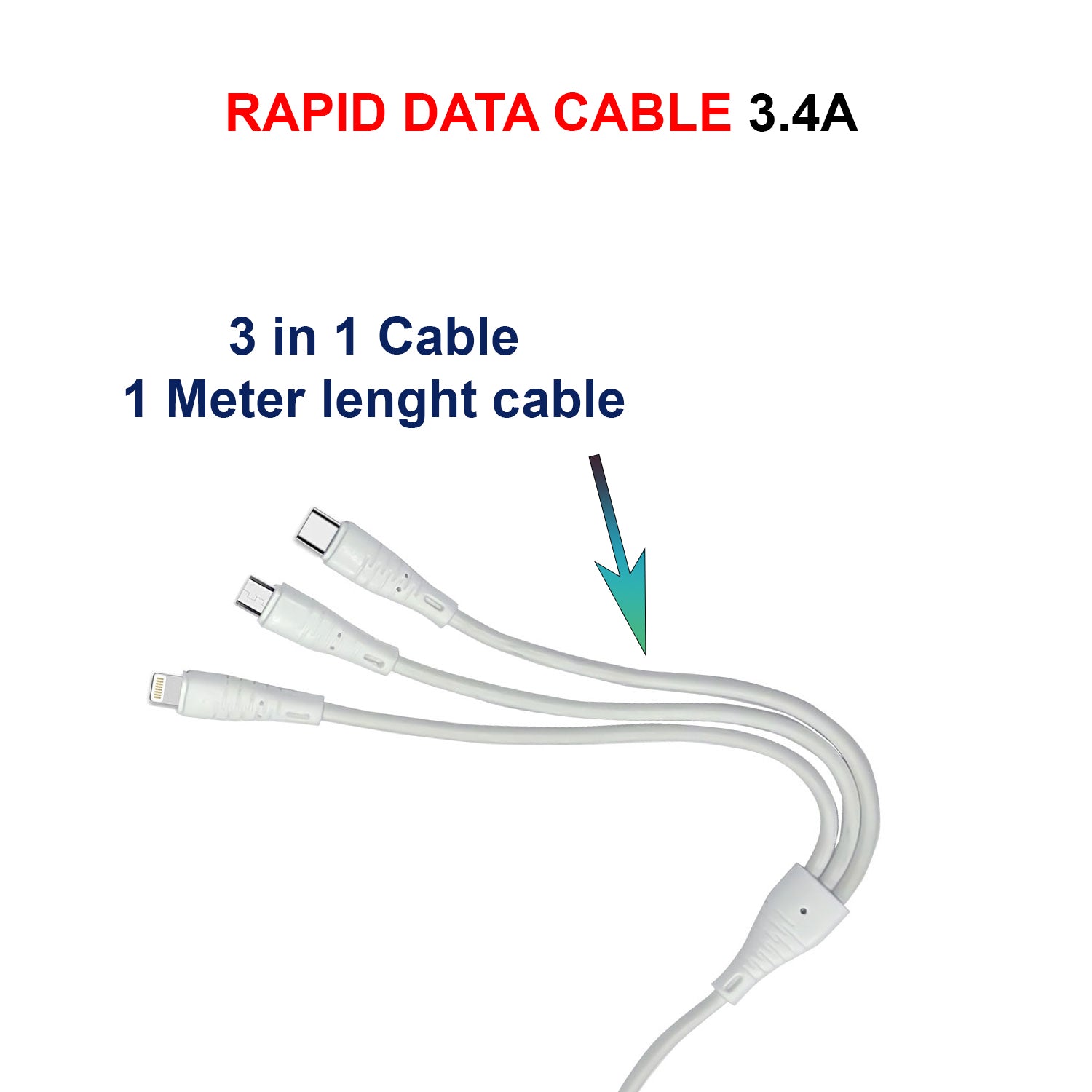 3 in 1 Cable Fast Rapid Super Charging Cable for Micro USB, i Phone & Type C, 3 in 1 White car Charging Cable, Multi Charger Cable Compatible with All Cars