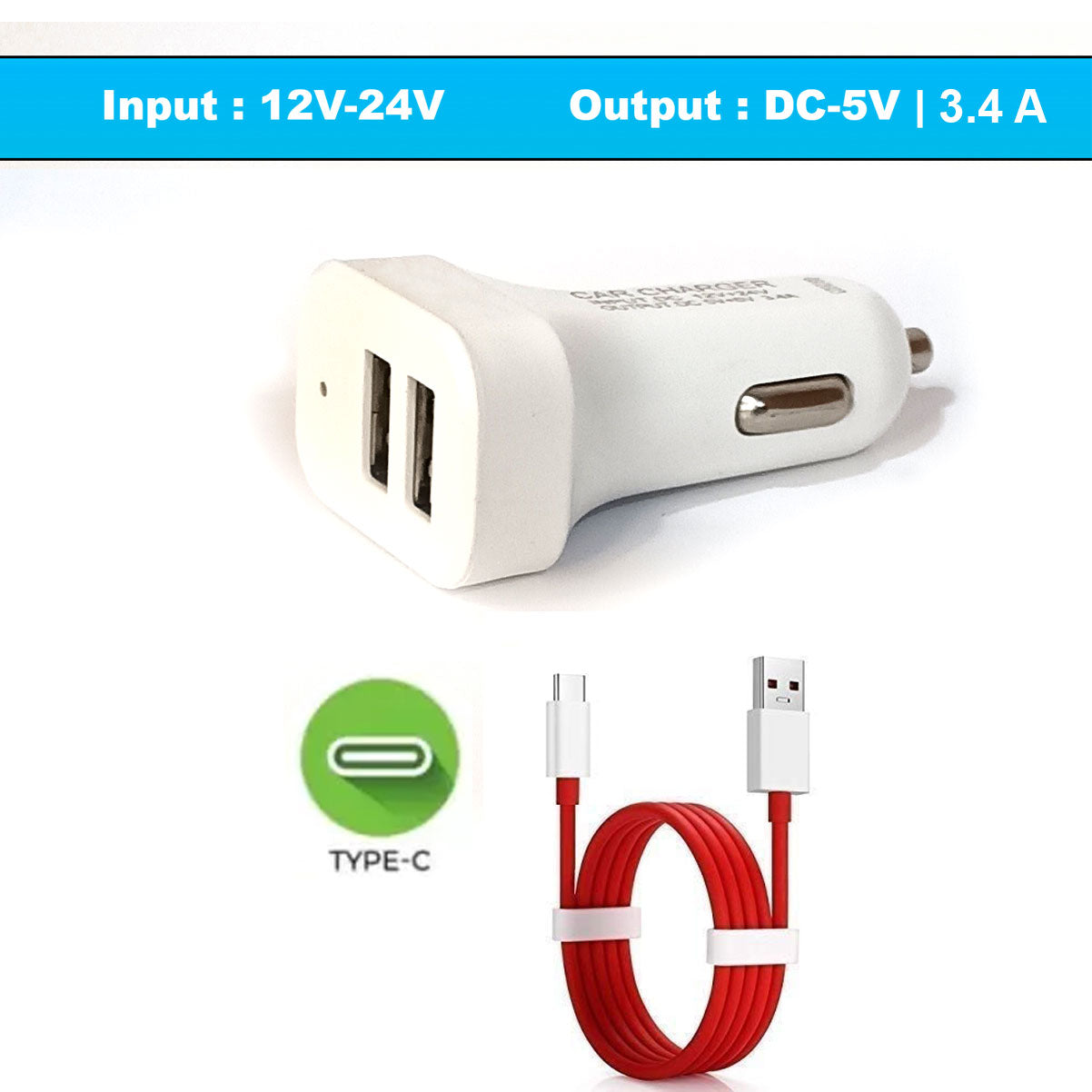 2-Ports Fast Car Charger with Red Type-C Cable, Turbo Charger, Dual USB (Pack of 1)