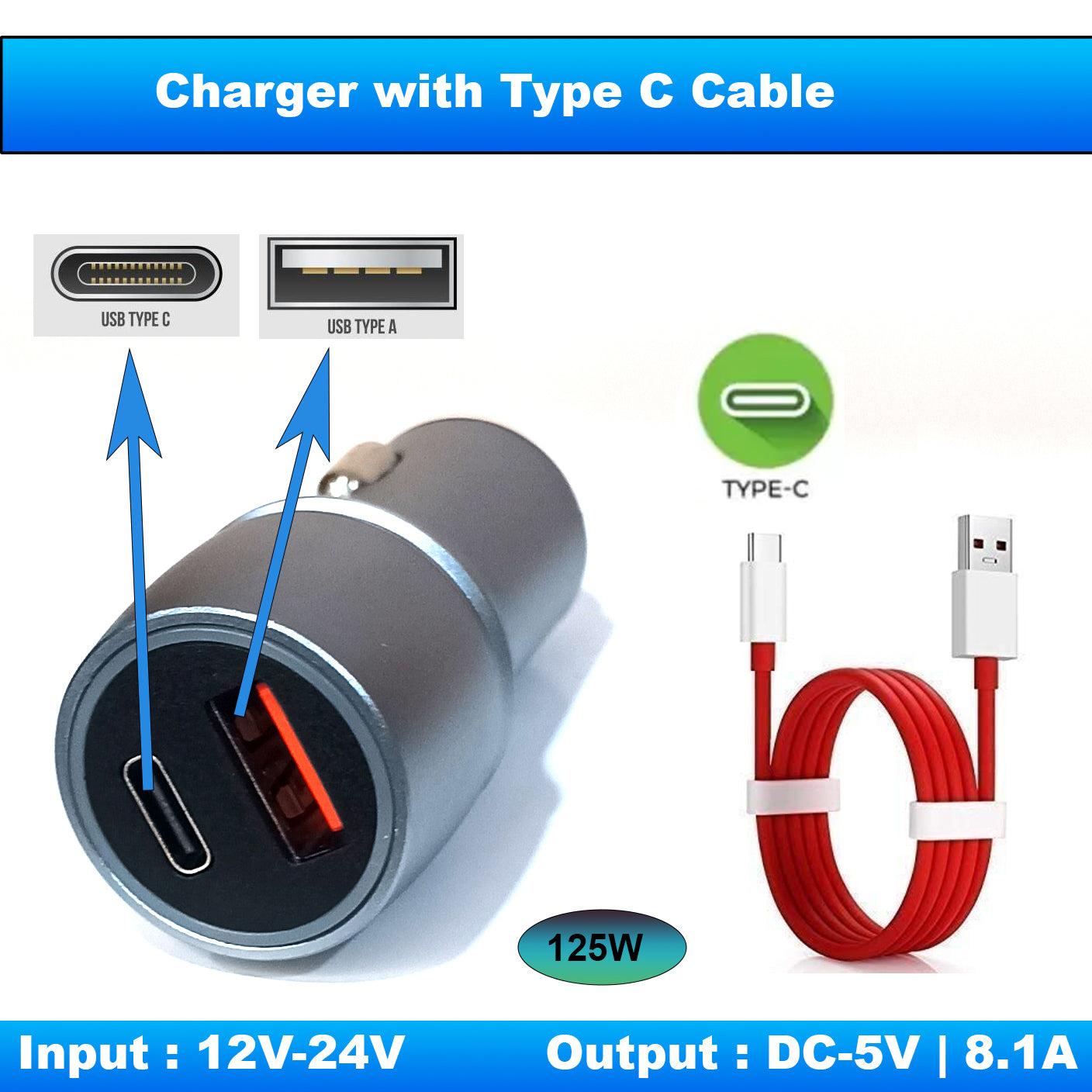 Compact Metal Mini Dual Port Ultra Fast Car Charger, USB A & Type C Port with Type-C Red Cable, Turbo Charger, Grey Compatible with All Cars (Pack of 1)