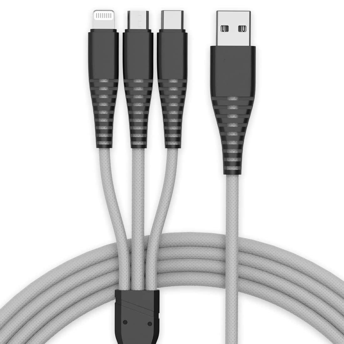 Nylon Braided 3 in 1 Multifunction Charging Cable for Android, iOS and Type C Devices with 3A High Speed Charging – 1.2 Meter (Grey) compatible with All cars