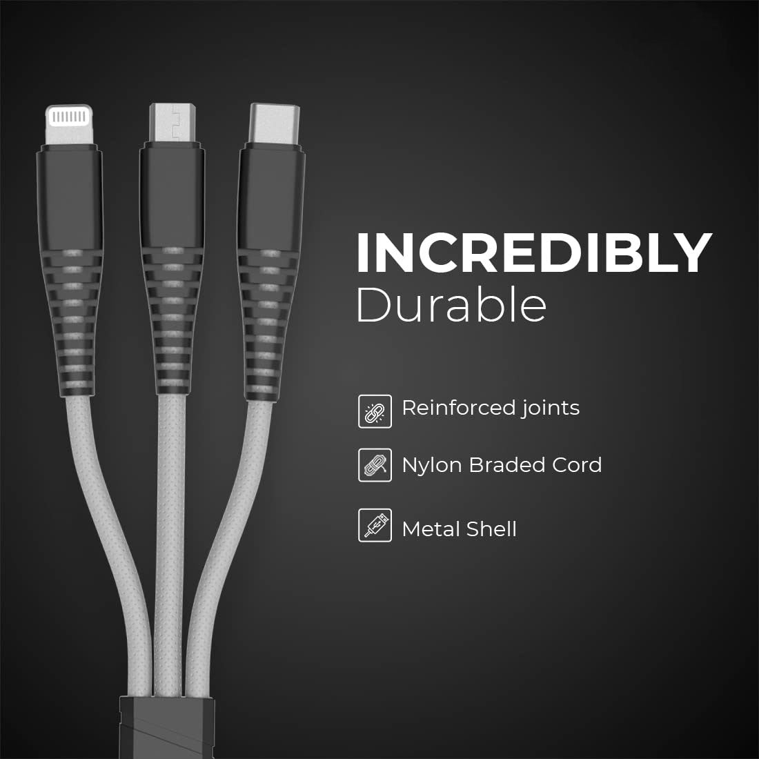 Nylon Braided 3 in 1 Multifunction Charging Cable for Android, iOS and Type C Devices with 3A High Speed Charging – 1.2 Meter (Grey) compatible with All cars