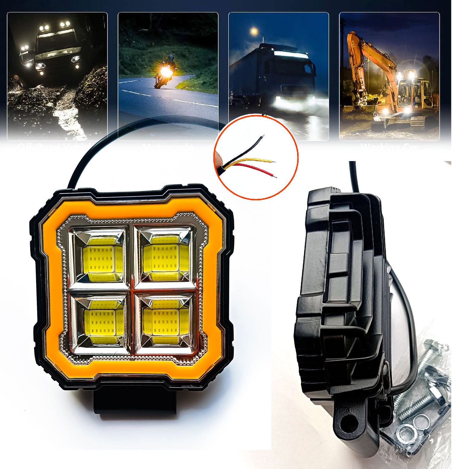 Auto Pearl Square 4-Led DRL Car Off-Road Vehicle Light Auxiliary White-Yellow Lighting 12V-24W (Pack of 1)