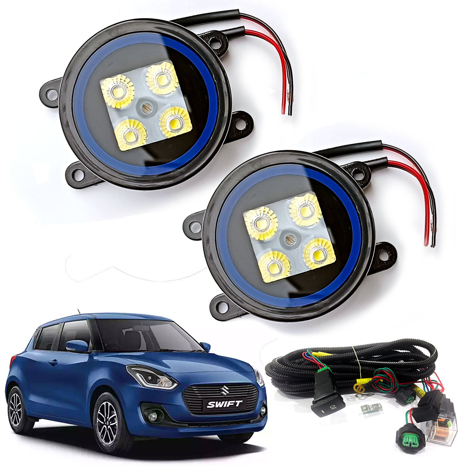 High Power Premium Quality 4 Led DRL Fog Lamp  Assembly Black Blue (Set of 2)